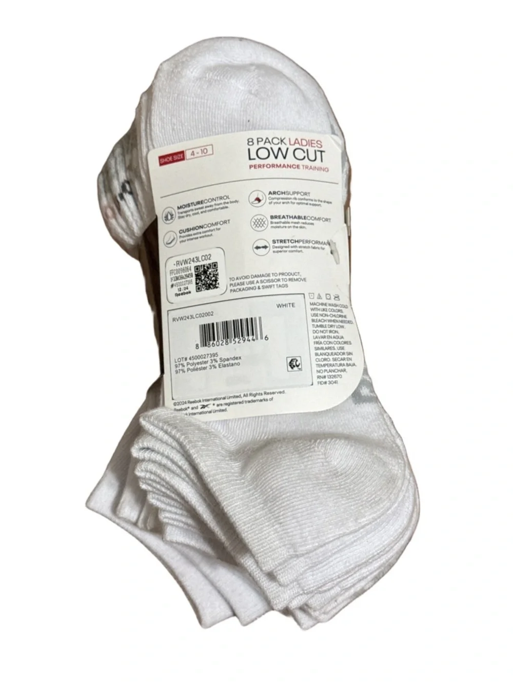 Reebok Low Cut Athletic Socks - White, Gray & Pink Accent (8 Pack)